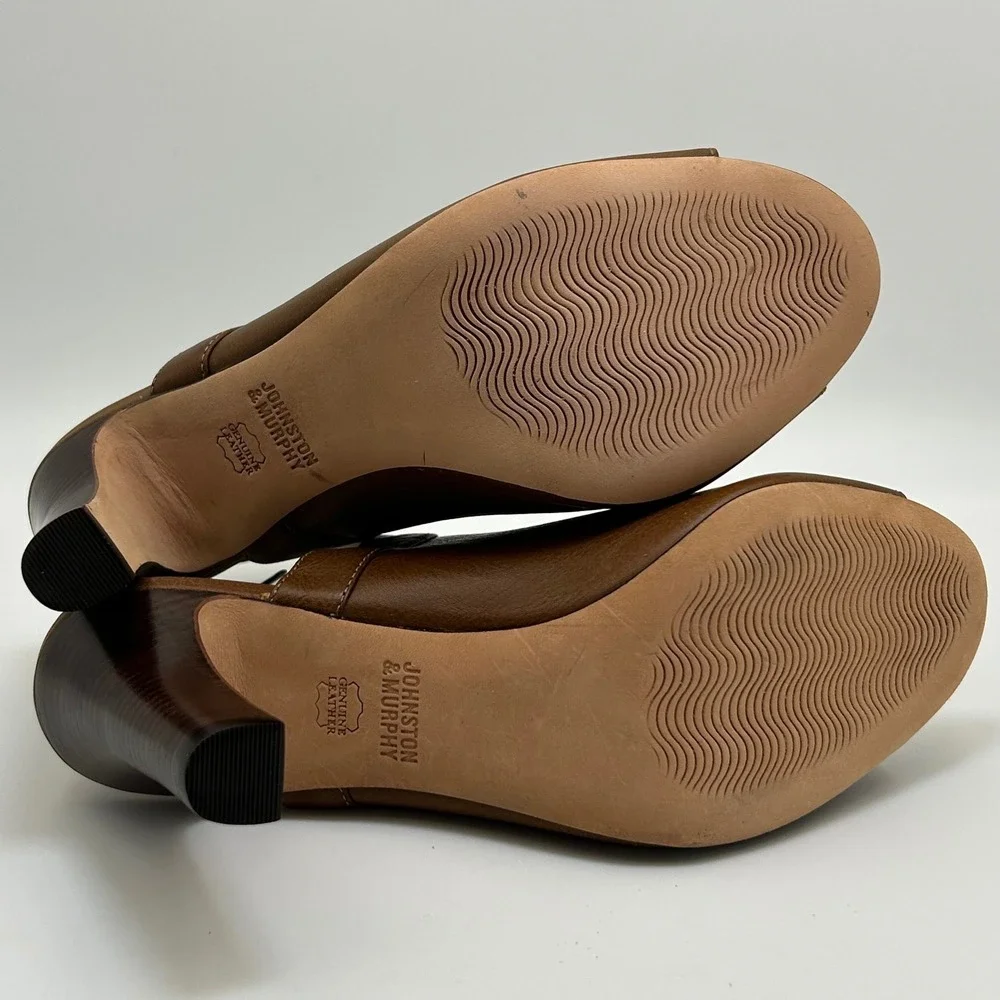 New Johnston Murphy Cassie Buckle Peep Toe Heel Booties 9.5‎ Brown Leather Ankle